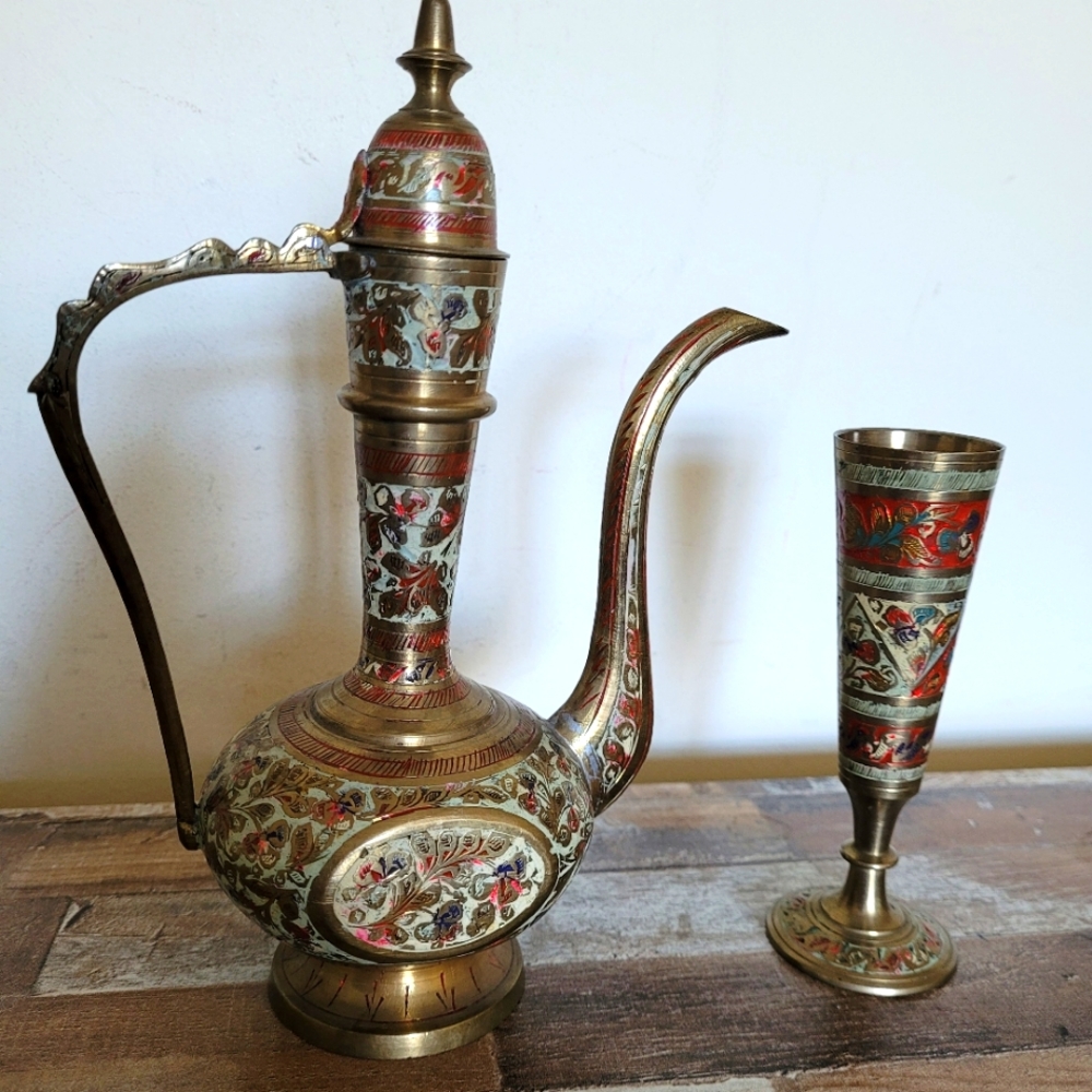 Vintage solid brass unique tea pot and brass glass. Handmade and Handpainted